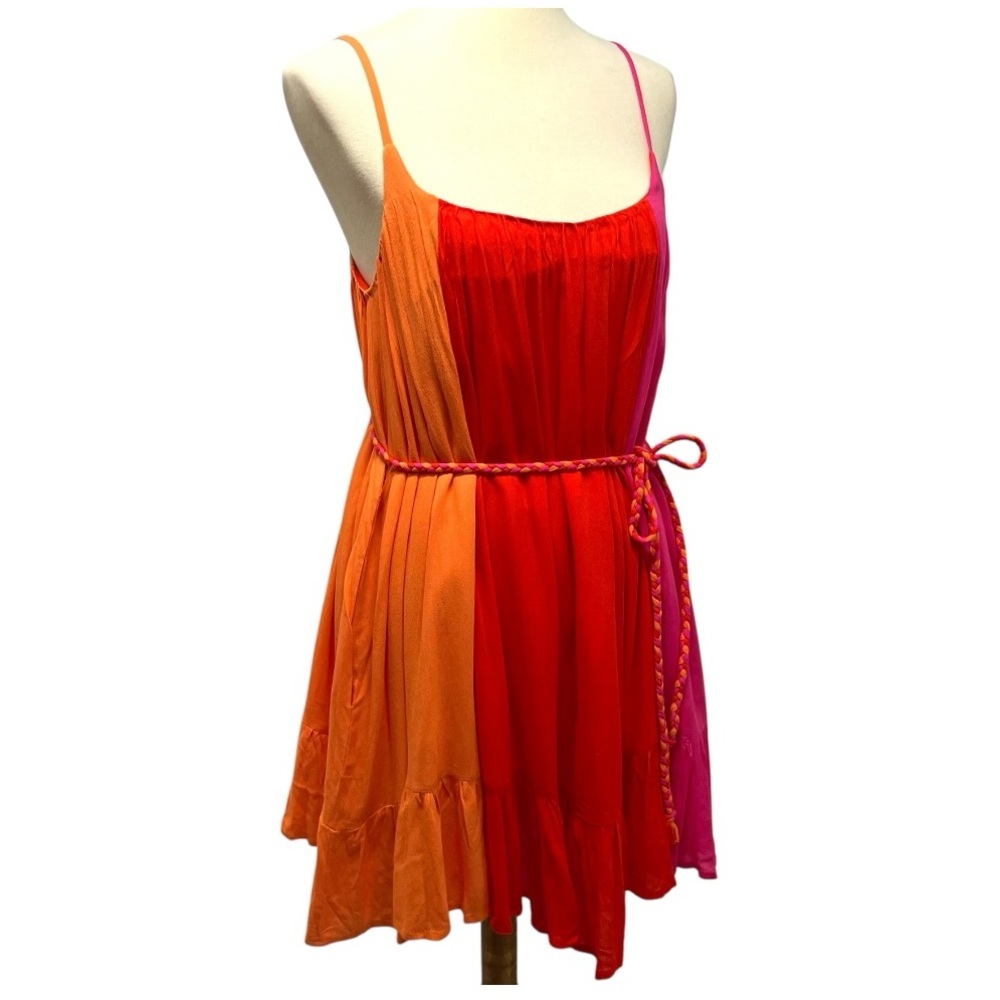 Vici Colorblock Orange & Pink Belted Swing Tent Mini Resortwear Vacation Dress S - Picture 7 of 11